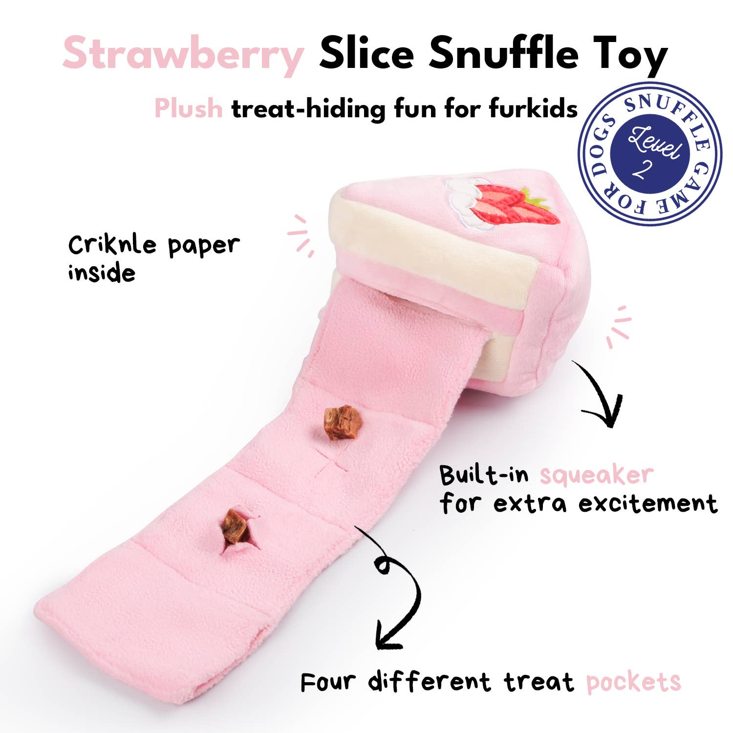 Pink strawberry slice snuffle toy with text describing features on a white background