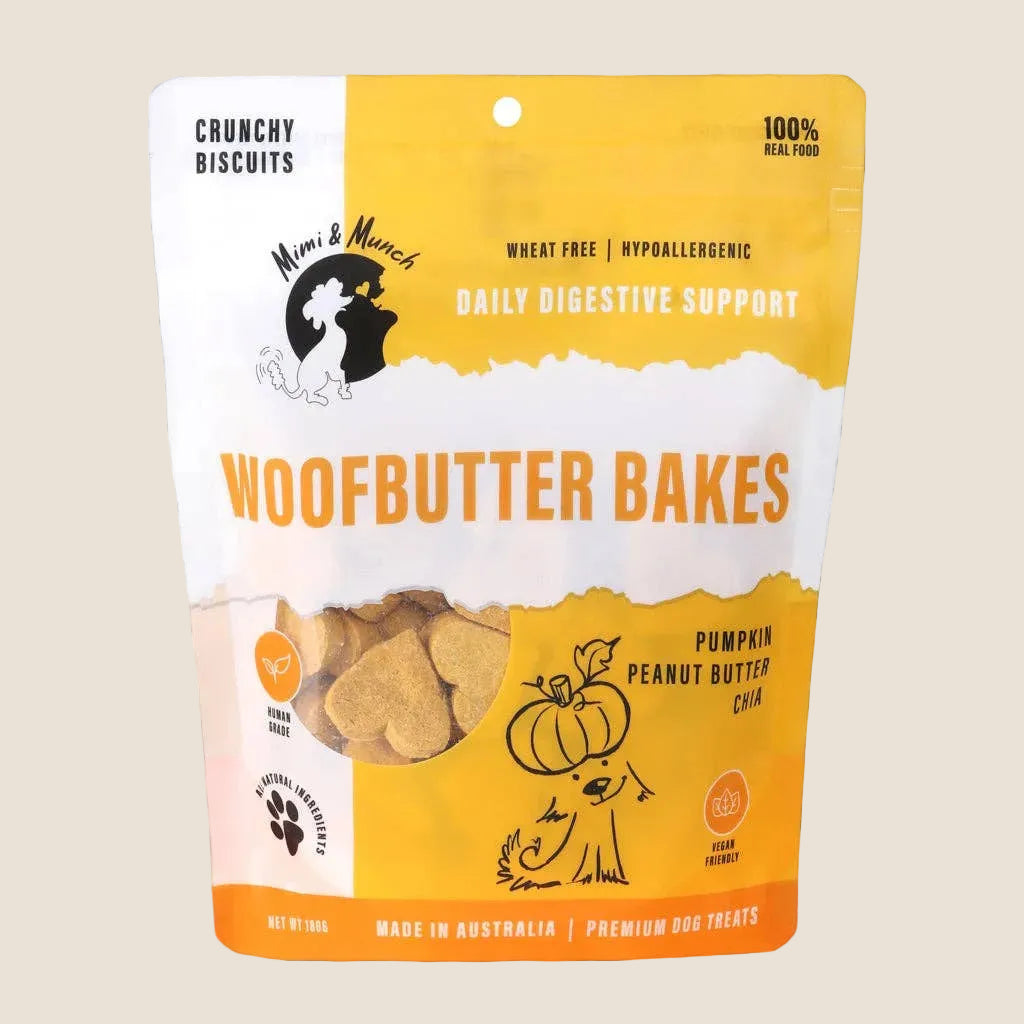 Package of Woof butter Bakes dog treats with yellow and white design