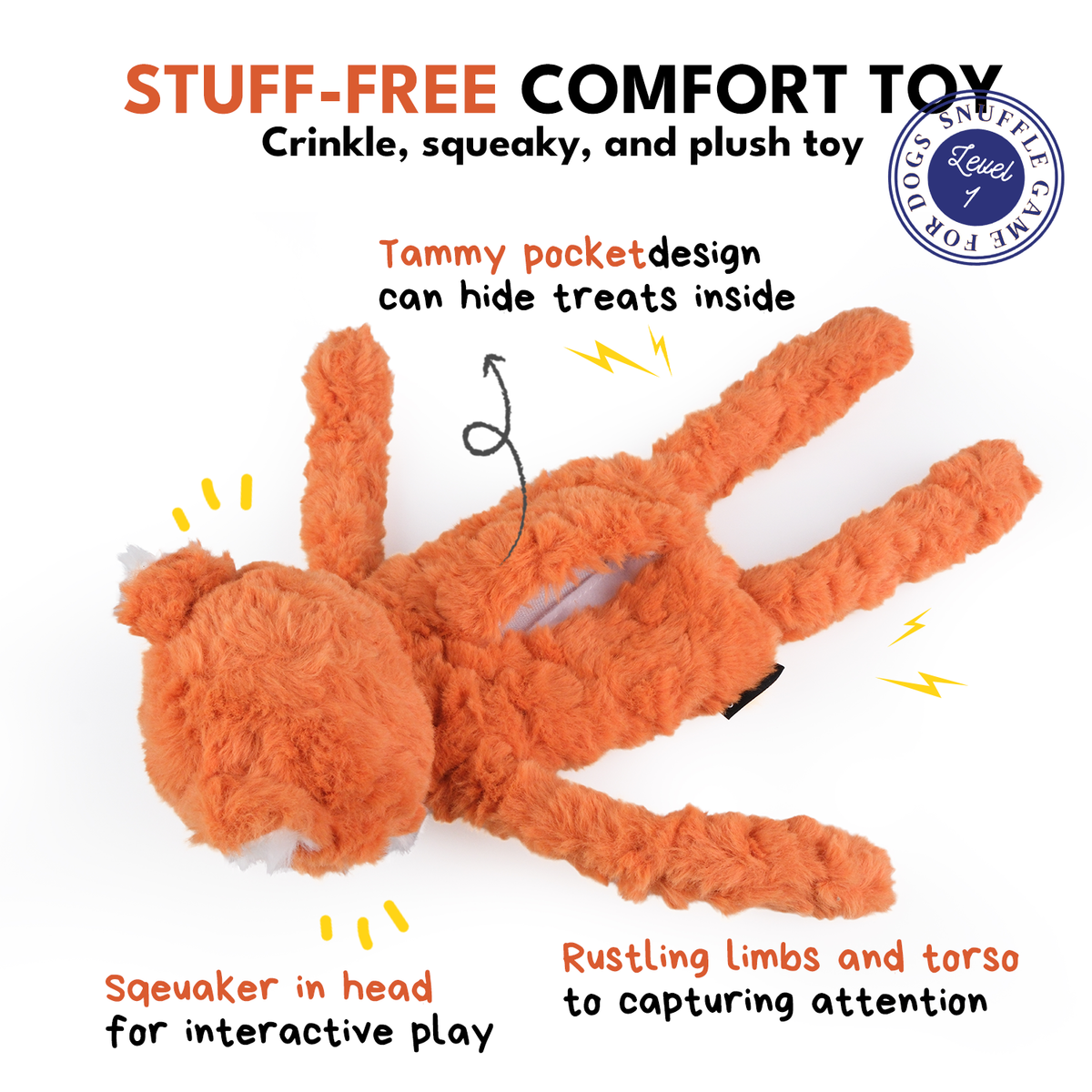 CHEWFFON Fox Puzzle Plush Dog Toy – Squeaky, Crinkle & Treat