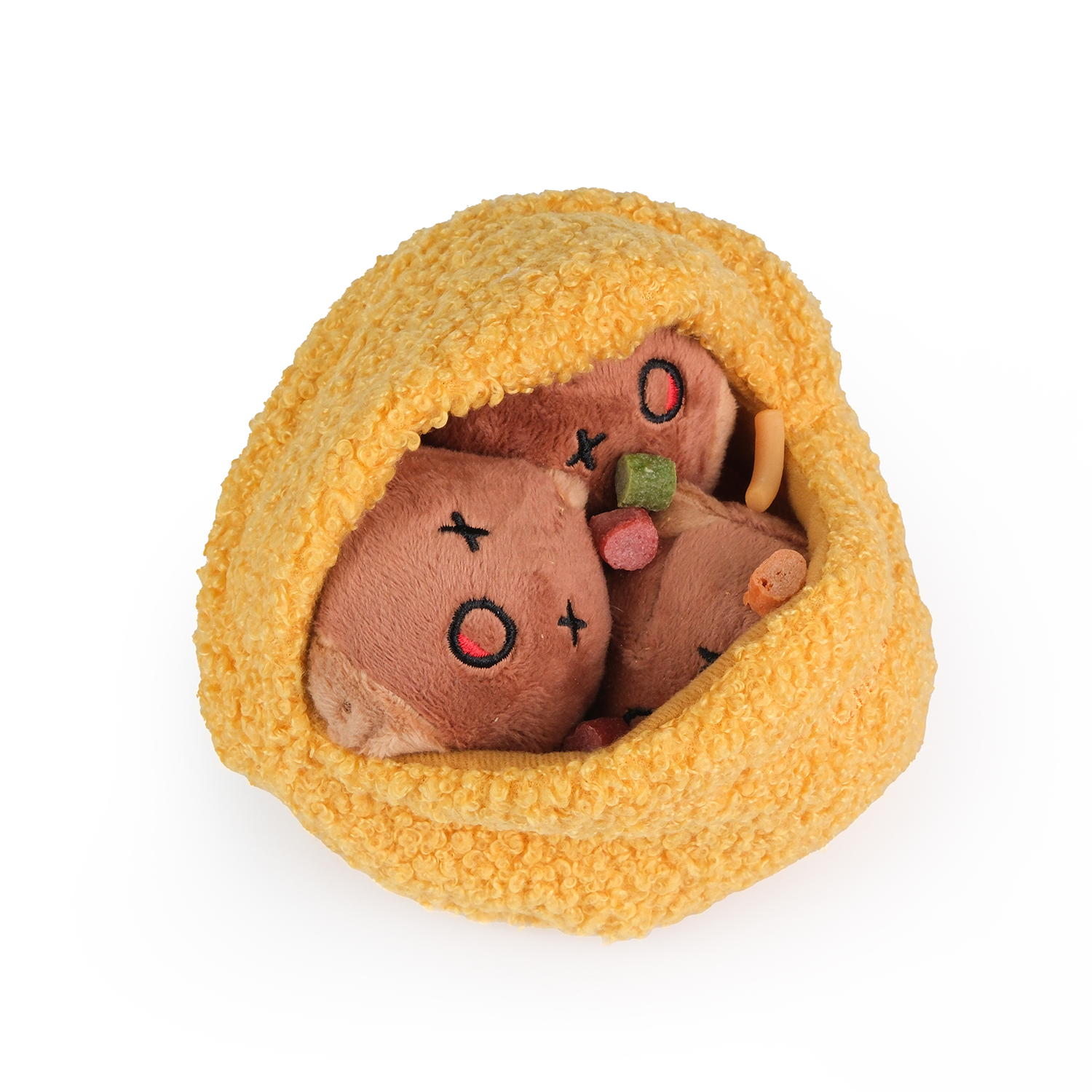 Two small plush toys with sad faces inside a yellow fleece ball on a white background