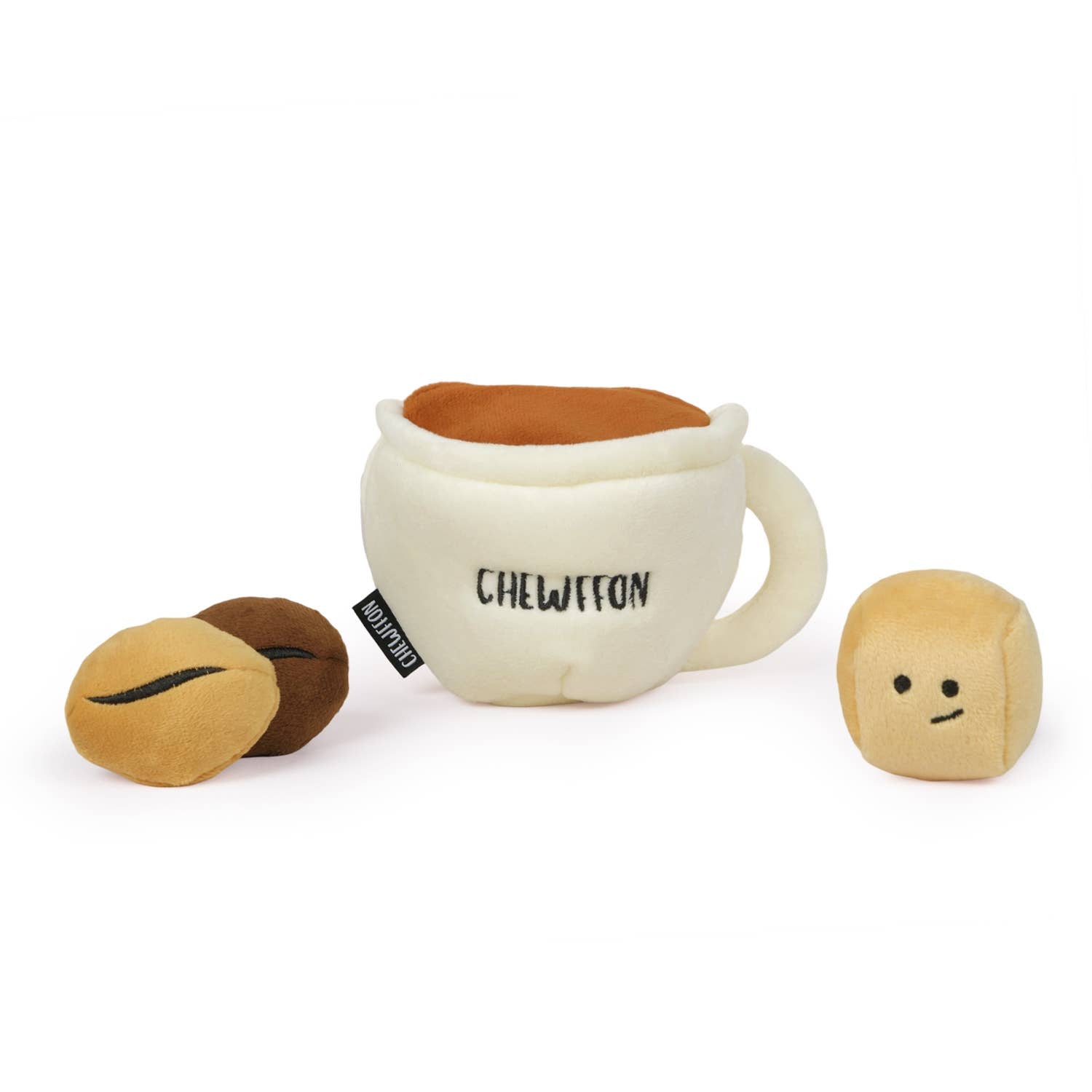 Plush toy set including a coffee mug, beans, and a bun on a white background