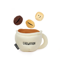 Plush toy resembling a coffee mug with coffee beans on a white background