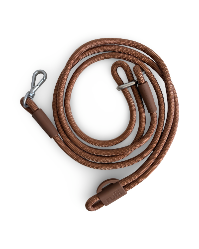 A brown braided rope with brown leather end caps and a silver metal snap hook, coiled on a white background.