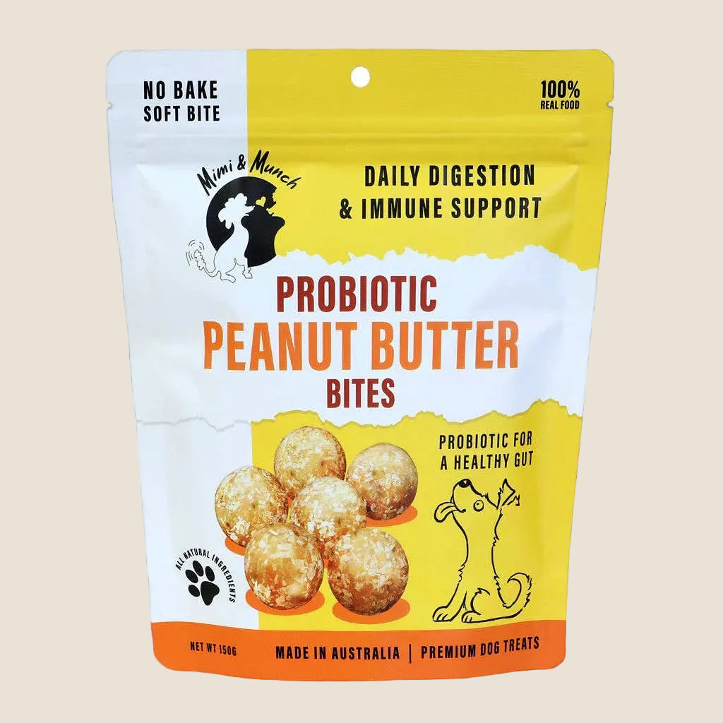 Package of Mimi & Murph Probiotic Peanut Butter Bites for dogs on a white background